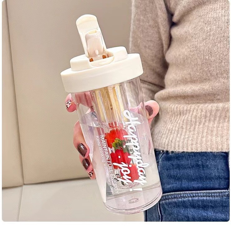 Pahar din plastic rezistent la temperaturi înalte, model pentru fete, pahar modern cu pai, termos pentru elevi cu separare ceai-apă