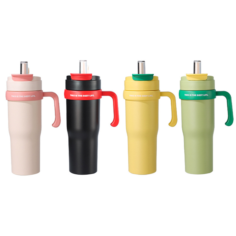 Cana termo din oțel inoxidabil 304, cu mâner și pai, pentru mașină, portabilă, cu pereți dubli vacuum