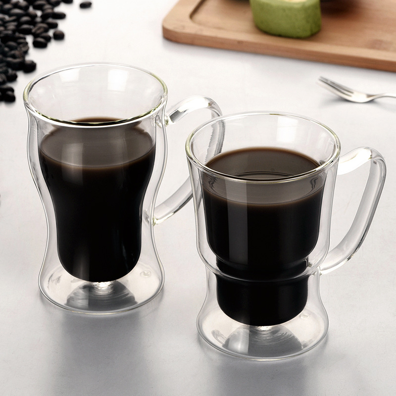 Cană de cafea din sticlă cu pereți dubli termoizolați, cu mâner, ideală pentru latte și cafea americană
