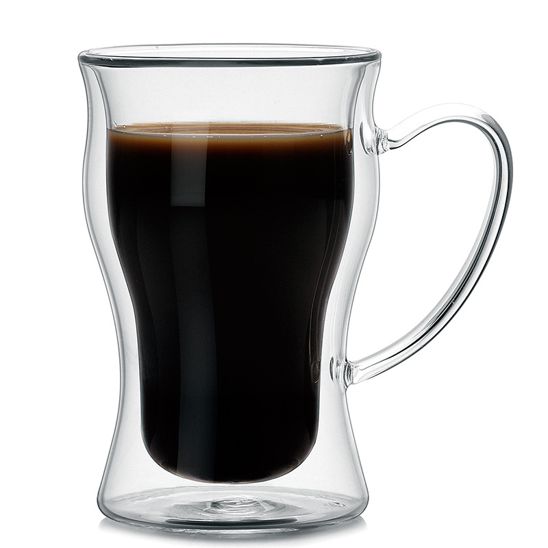 Cană de cafea din sticlă cu pereți dubli termoizolați, cu mâner, ideală pentru latte și cafea americană