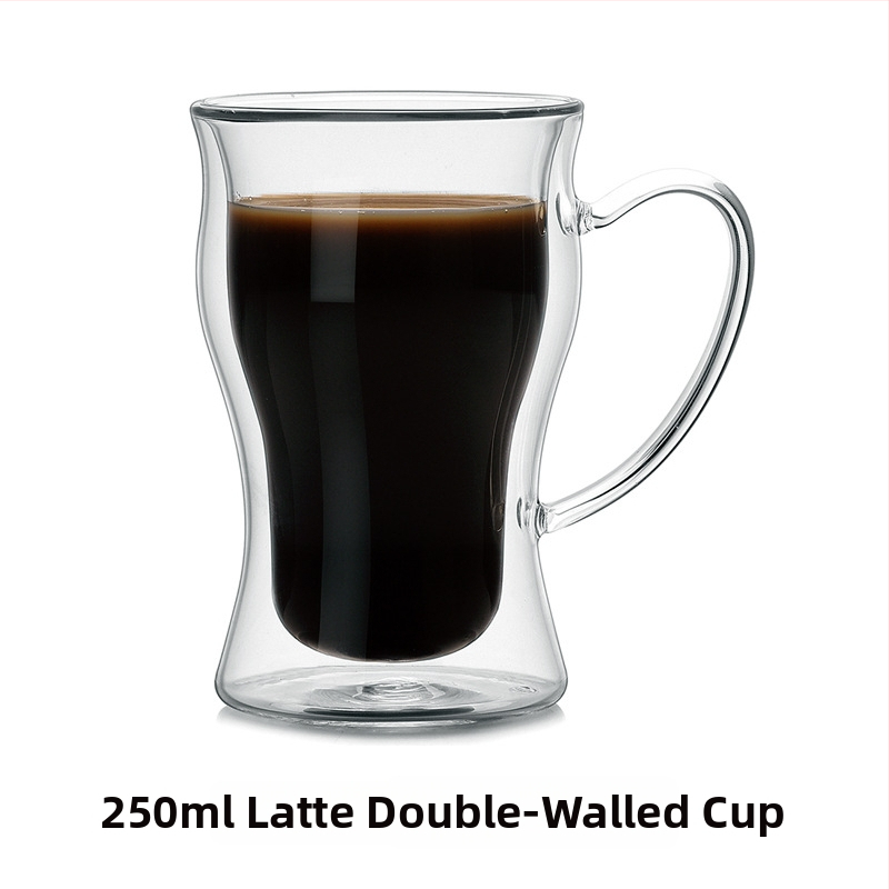 Cană de cafea din sticlă cu pereți dubli termoizolați, cu mâner, ideală pentru latte și cafea americană