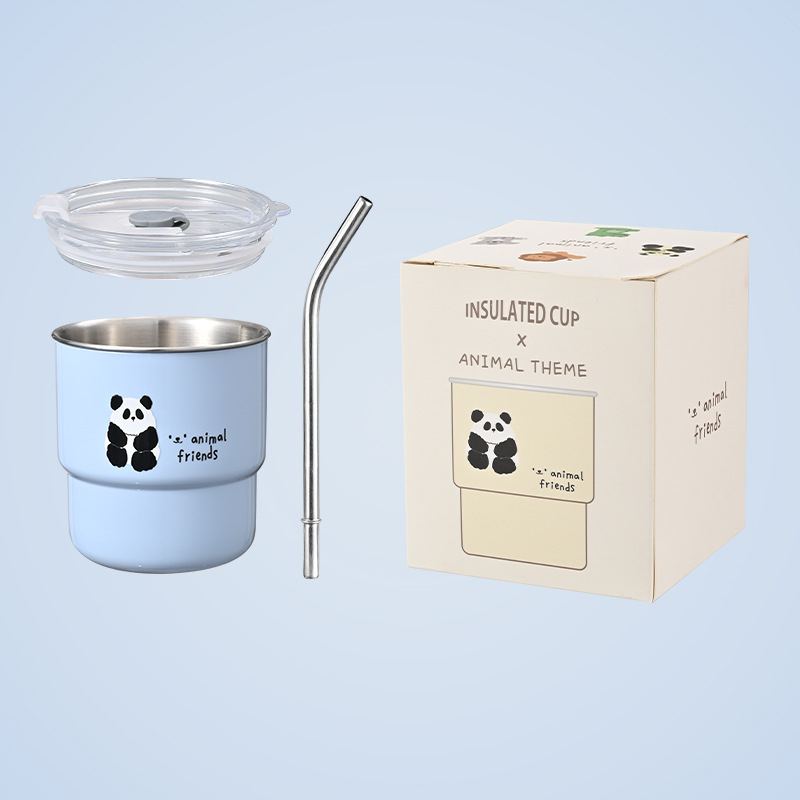Cană din oțel inoxidabil cu pai, design cartoon, imprimare siglă, pentru sucuri și cafea