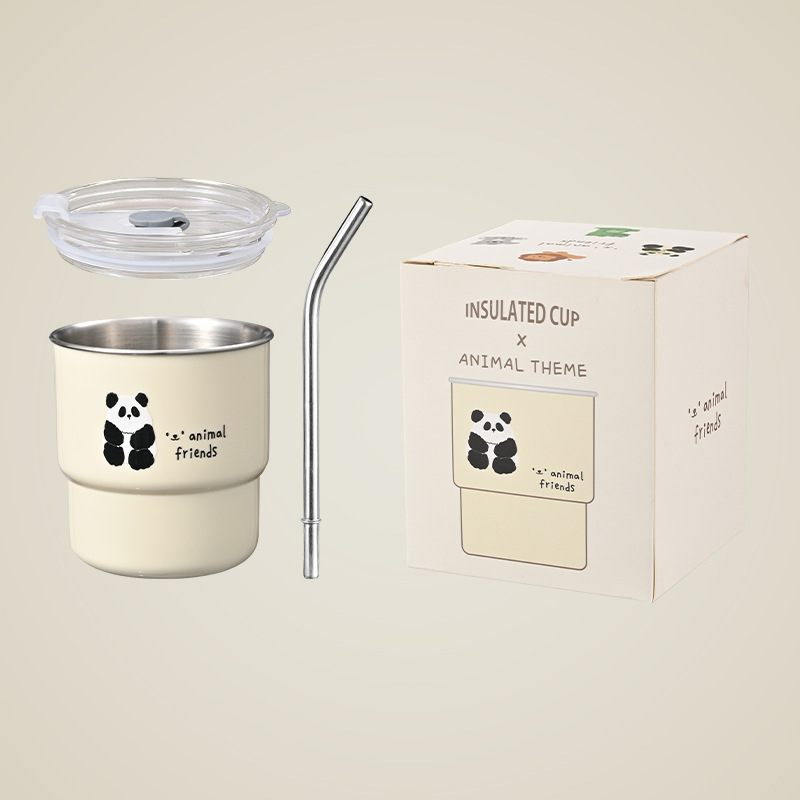 Cană din oțel inoxidabil cu pai, design cartoon, imprimare siglă, pentru sucuri și cafea