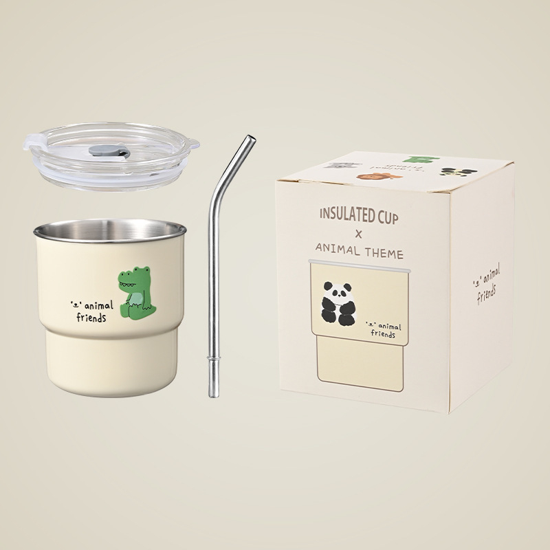 Cană din oțel inoxidabil cu pai, design cartoon, imprimare siglă, pentru sucuri și cafea