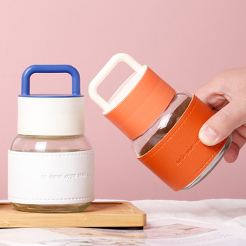 Cană de apă din sticlă cu mâner, pentru studenți – portabilă, protecție la arsură, mini, design atrăgător, cadou
