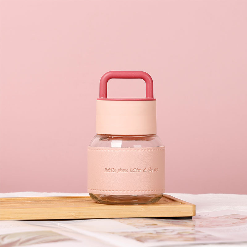 Cană de apă din sticlă cu mâner, pentru studenți – portabilă, protecție la arsură, mini, design atrăgător, cadou