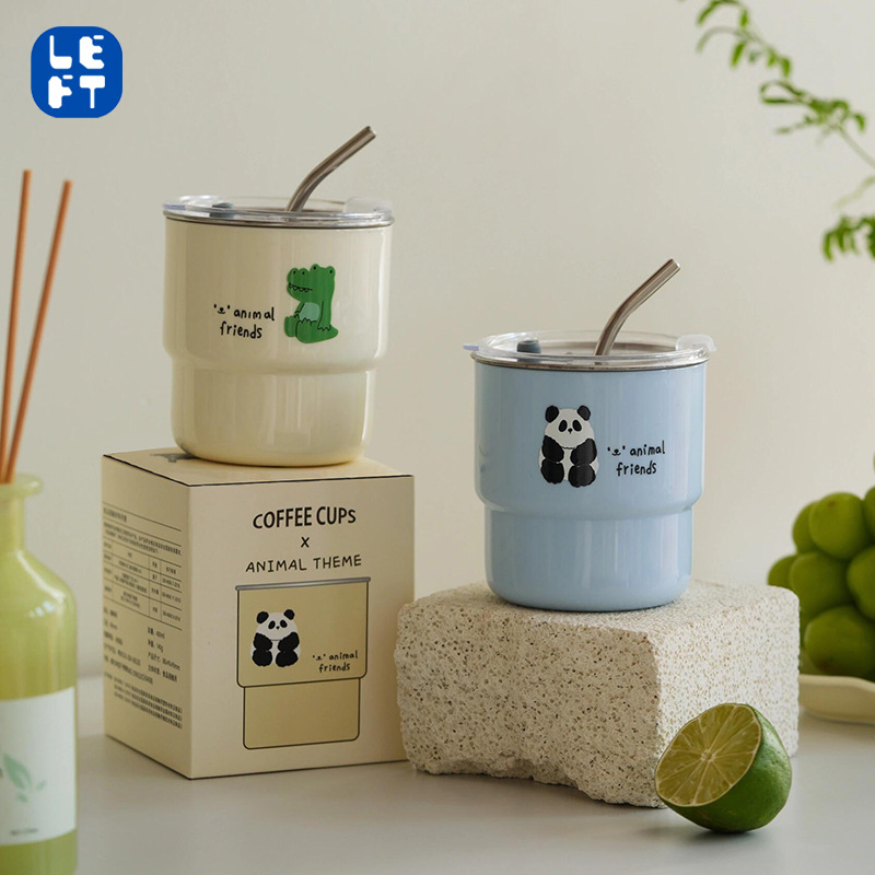 Ceașcă Panda pentru cafea cu capac, din oțel inoxidabil 304, cu pai, portabilă pentru mașină, pentru cupluri