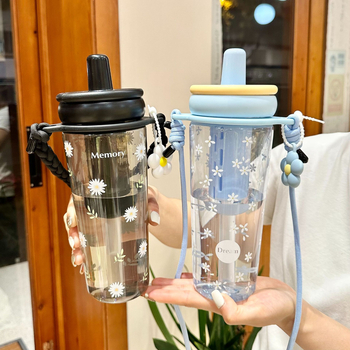 Jiaqing Nyári virágos teás pohár, nagy kapacitású pohár szívószállal és kötéllel, tea–víz szétválasztás, műanyag