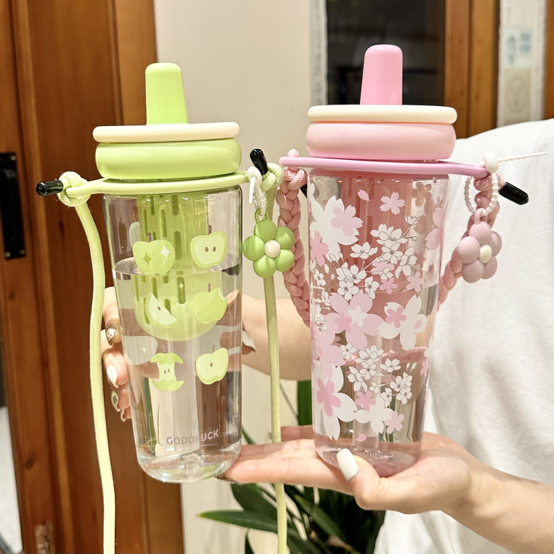 Jiaqing Nyári virágos teás pohár, nagy kapacitású pohár szívószállal és kötéllel, tea–víz szétválasztás, műanyag