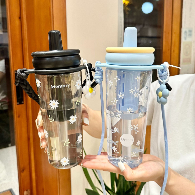 Jiaqing Nyári virágos teás pohár, nagy kapacitású pohár szívószállal és kötéllel, tea–víz szétválasztás, műanyag