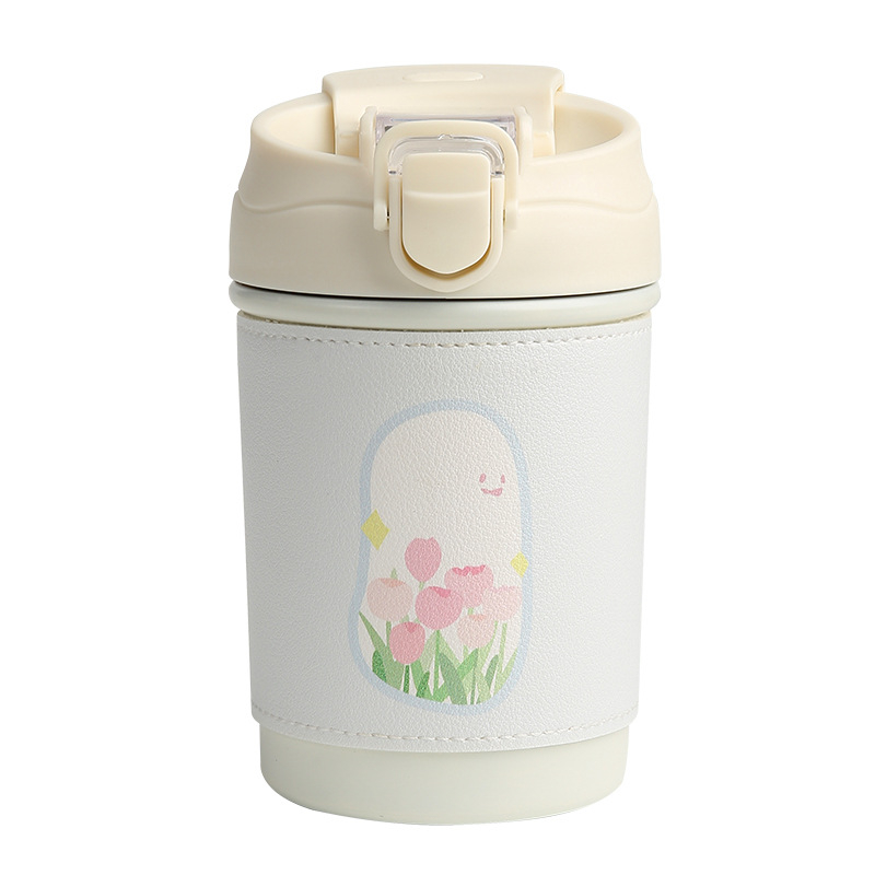 Cana de cafea în stil Instagram, cu lanț de perle cu flori, din oțel inoxidabil izolat, cu capac și pai