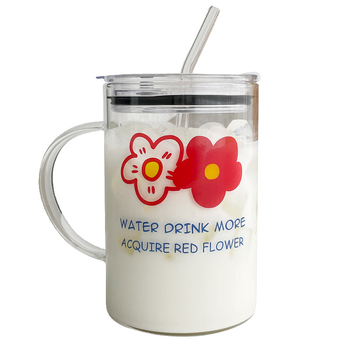Pahar din sticlă borosilicată, capacitate mare, rezistent la temperaturi, cu scară graduată, mâner și pai, potrivit pentru lapte și suc