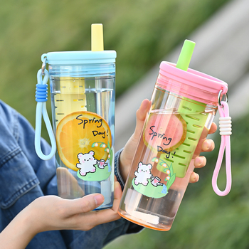 Cană din policarbonat, capacitate mare, design desen animat, cană portabilă din plastic cu pai, separare pentru ceai, personalizabil
