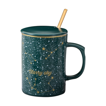 Ceașcă ceramică cu model stelat, capac și linguriță – pentru cupluri, lapte și cafea, cadou
