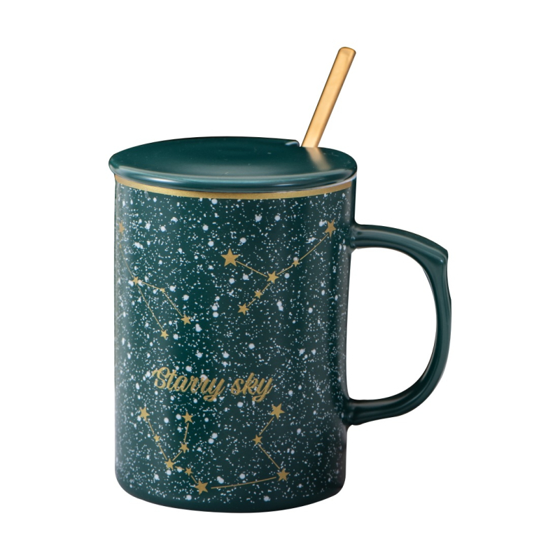 Ceașcă ceramică cu model stelat, capac și linguriță – pentru cupluri, lapte și cafea, cadou