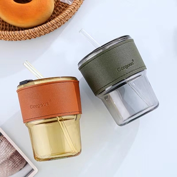 Pahar de cafea din sticlă, design inspirat de bambus, portabil, cu capac, izolație dublă, cu pai, cadou