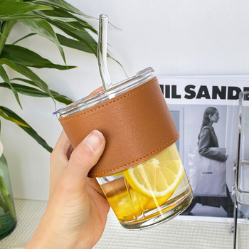 Pahar de cafea din sticlă, design inspirat de bambus, portabil, cu capac, izolație dublă, cu pai, cadou