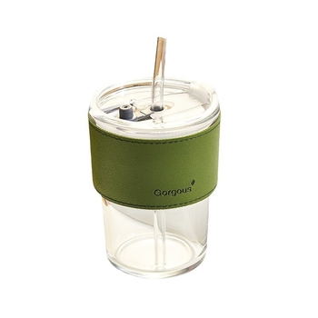 Pahar de cafea din sticlă, design inspirat de bambus, portabil, cu capac, izolație dublă, cu pai, cadou