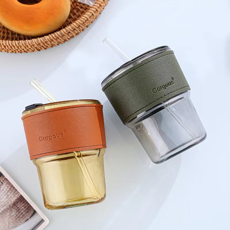 Pahar de cafea din sticlă, design inspirat de bambus, portabil, cu capac, izolație dublă, cu pai, cadou