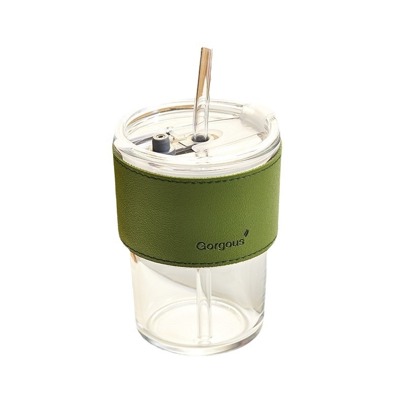 Pahar de cafea din sticlă, design inspirat de bambus, portabil, cu capac, izolație dublă, cu pai, cadou