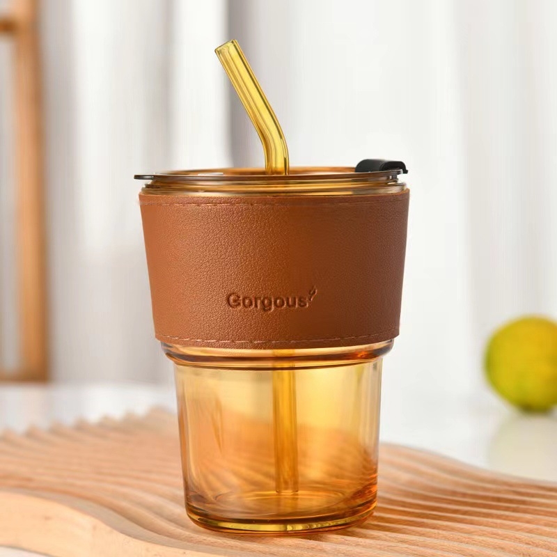 Pahar de cafea din sticlă, design inspirat de bambus, portabil, cu capac, izolație dublă, cu pai, cadou