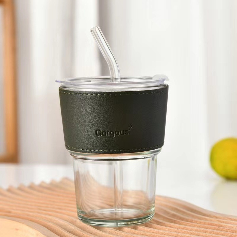 Pahar de cafea din sticlă, design inspirat de bambus, portabil, cu capac, izolație dublă, cu pai, cadou