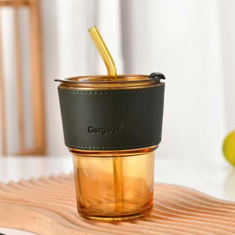 Pahar de cafea din sticlă, design inspirat de bambus, portabil, cu capac, izolație dublă, cu pai, cadou
