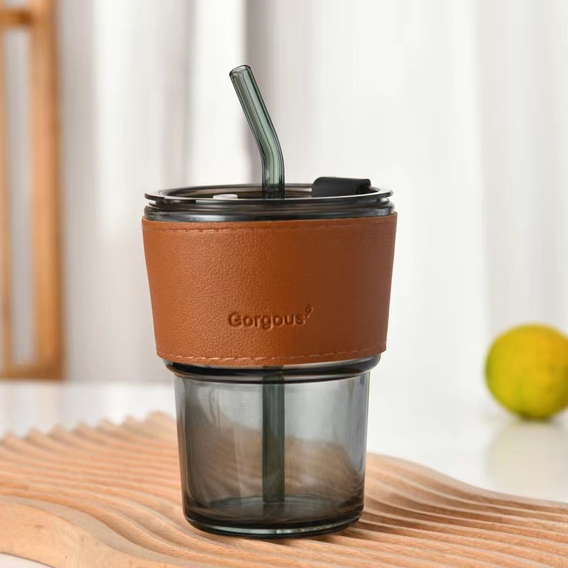 Pahar de cafea din sticlă, design inspirat de bambus, portabil, cu capac, izolație dublă, cu pai, cadou
