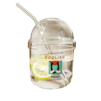 Pahar din sticlă borosilicată transparentă, cu pai – design desen animat, strat unic, rotund, potrivit pentru suc sau lapte