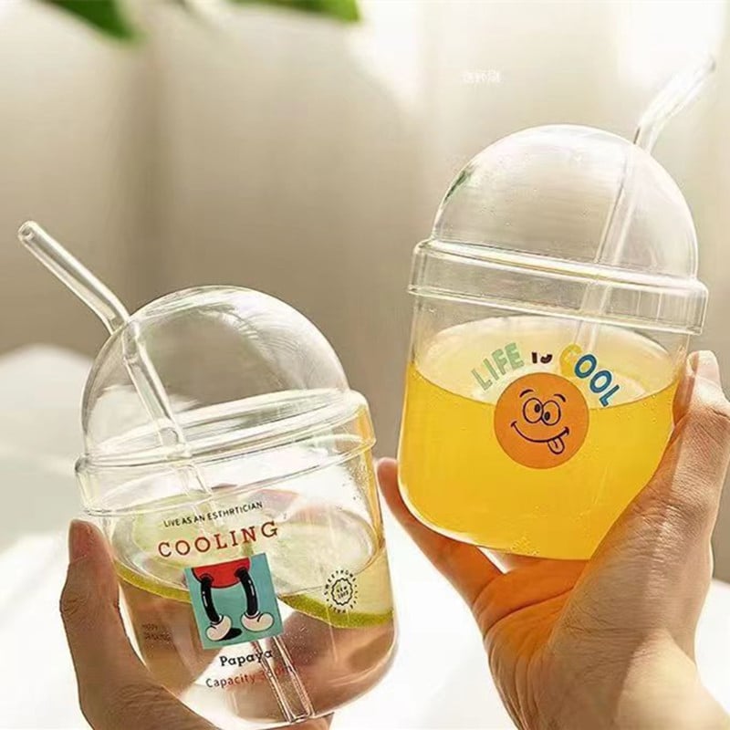 Pahar din sticlă borosilicată transparentă, cu pai – design desen animat, strat unic, rotund, potrivit pentru suc sau lapte