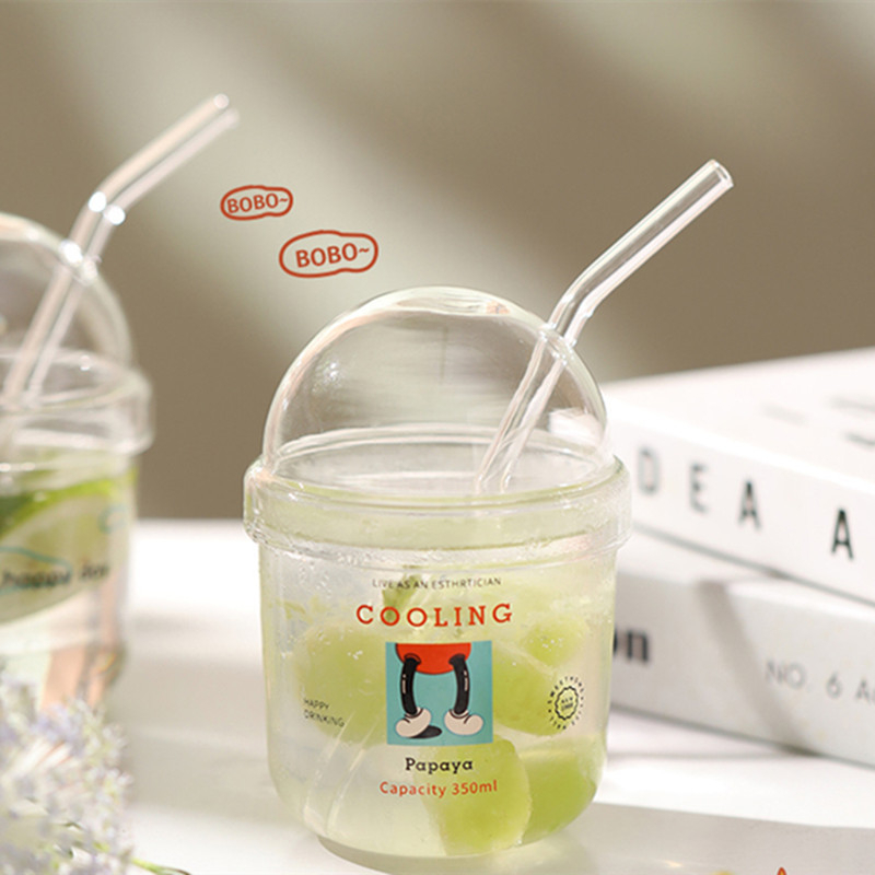 Pahar din sticlă borosilicată transparentă, cu pai – design desen animat, strat unic, rotund, potrivit pentru suc sau lapte