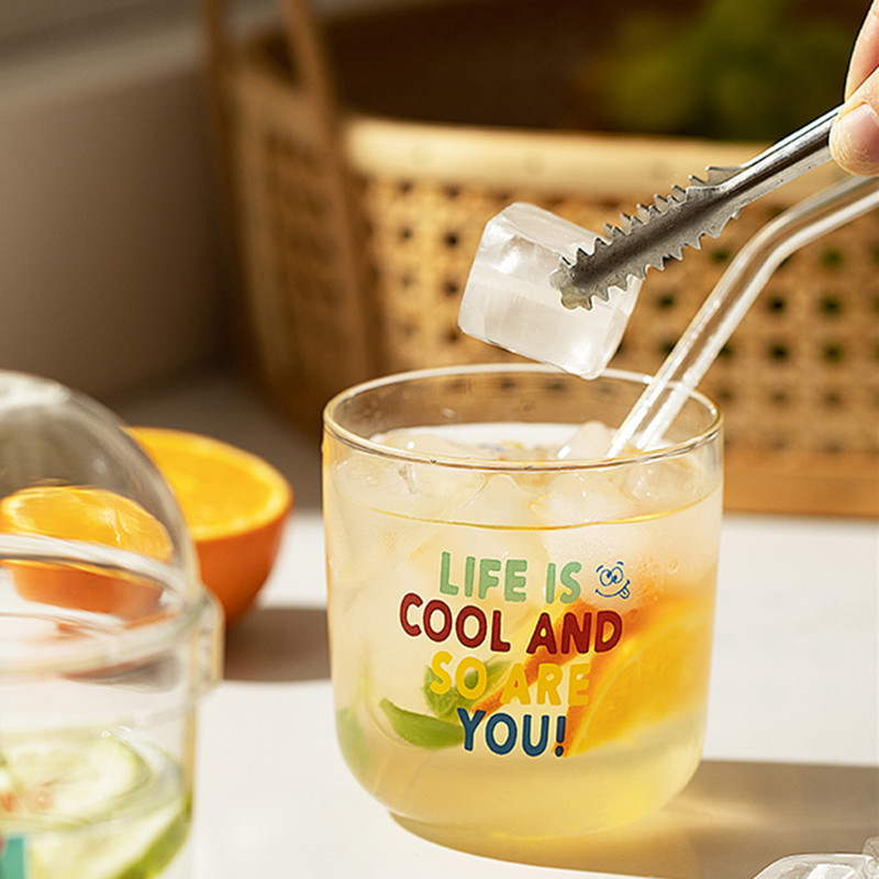Pahar din sticlă borosilicată transparentă, cu pai – design desen animat, strat unic, rotund, potrivit pentru suc sau lapte