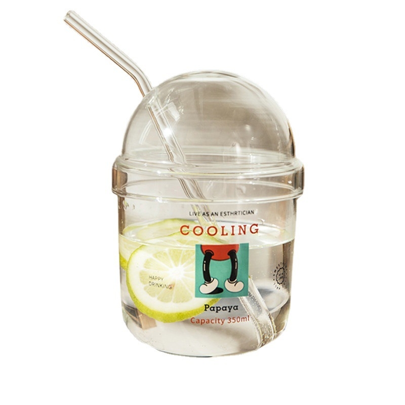 Pahar din sticlă borosilicată transparentă, cu pai – design desen animat, strat unic, rotund, potrivit pentru suc sau lapte