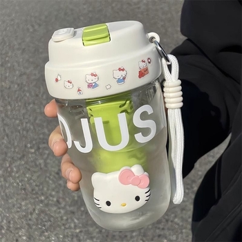 Pahar portabil pentru fete, din plastic, pentru școală, cu pai, curea de purtare, infuzor de ceai, stil Instagram
