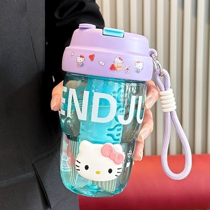 Pahar portabil pentru fete, din plastic, pentru școală, cu pai, curea de purtare, infuzor de ceai, stil Instagram