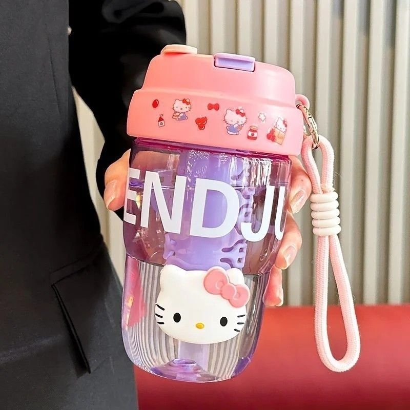 Pahar portabil pentru fete, din plastic, pentru școală, cu pai, curea de purtare, infuzor de ceai, stil Instagram