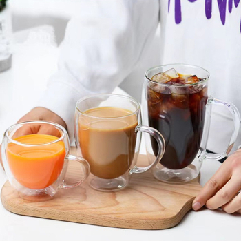 Pahar din sticlă borosilicată cu pereți dubli și mâner, pentru cafea, milkshake și ceai cu lapte, transparent