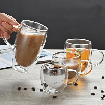 Pahar din sticlă borosilicată cu pereți dubli și mâner, pentru cafea, milkshake și ceai cu lapte, transparent