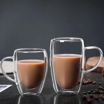 Pahar din sticlă borosilicată cu pereți dubli și mâner, pentru cafea, milkshake și ceai cu lapte, transparent