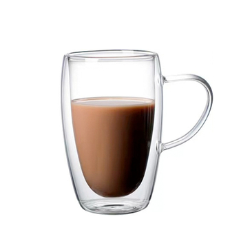 Pahar din sticlă borosilicată cu pereți dubli și mâner, pentru cafea, milkshake și ceai cu lapte, transparent