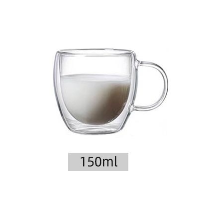 Pahar din sticlă borosilicată cu pereți dubli și mâner, pentru cafea, milkshake și ceai cu lapte, transparent