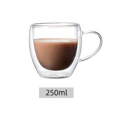 Pahar din sticlă borosilicată cu pereți dubli și mâner, pentru cafea, milkshake și ceai cu lapte, transparent