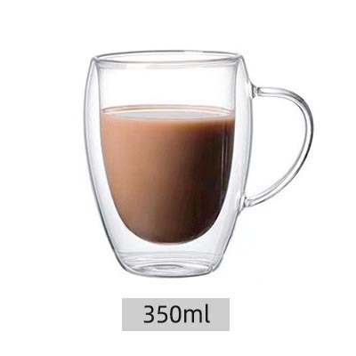 Pahar din sticlă borosilicată cu pereți dubli și mâner, pentru cafea, milkshake și ceai cu lapte, transparent