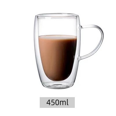 Pahar din sticlă borosilicată cu pereți dubli și mâner, pentru cafea, milkshake și ceai cu lapte, transparent