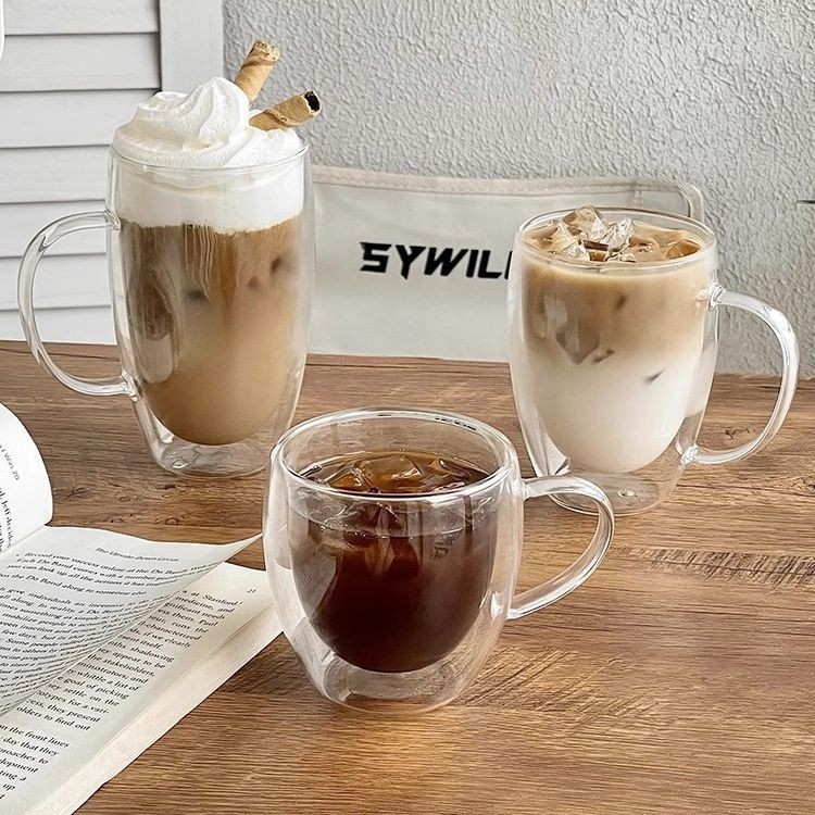 Pahar din sticlă borosilicată cu pereți dubli și mâner, pentru cafea, milkshake și ceai cu lapte, transparent