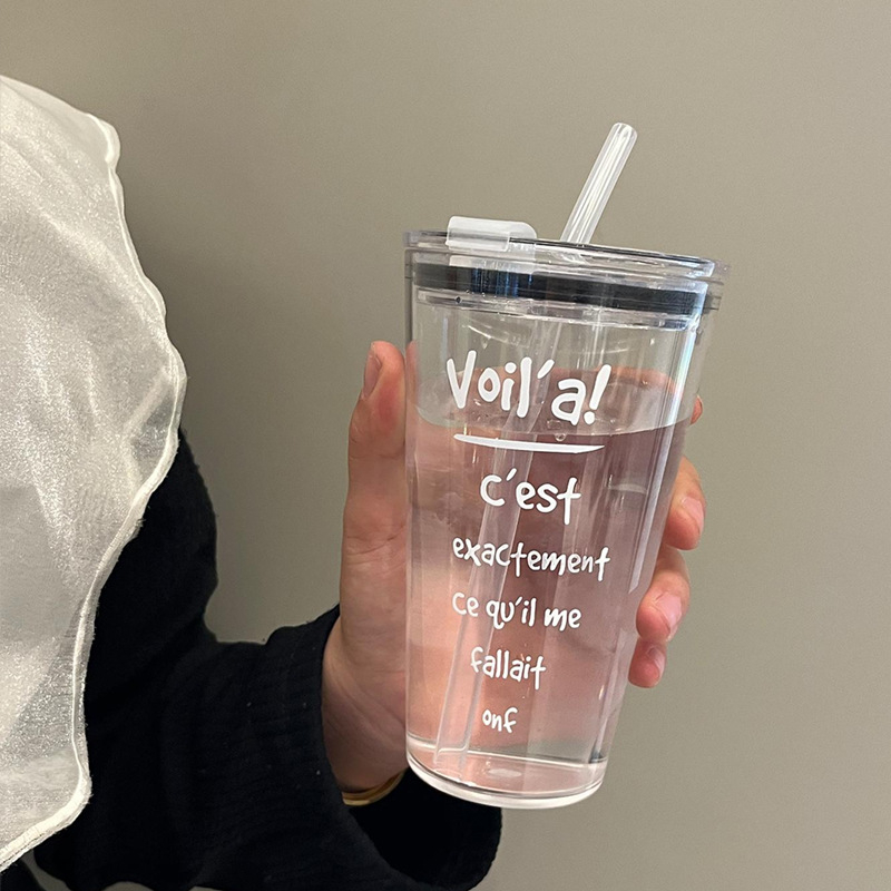 Pahar de apă în stil coreean, simplu, cu capac, design minimalist cu litere, unisex, pentru călătorii, școală și birou, din plastic