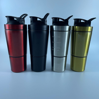 Νέος shaker από ανοξείδωτο ατσάλι 304 με δύο διαμερίσματα και κλίμακα μέτρησης, φορητό μπουκάλι πρωτεϊνικά shakes