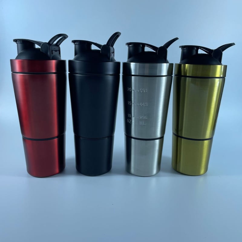 Νέος shaker από ανοξείδωτο ατσάλι 304 με δύο διαμερίσματα και κλίμακα μέτρησης, φορητό μπουκάλι πρωτεϊνικά shakes