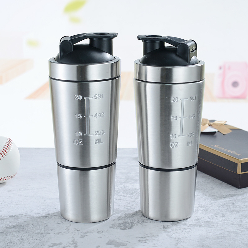 Νέος shaker από ανοξείδωτο ατσάλι 304 με δύο διαμερίσματα και κλίμακα μέτρησης, φορητό μπουκάλι πρωτεϊνικά shakes