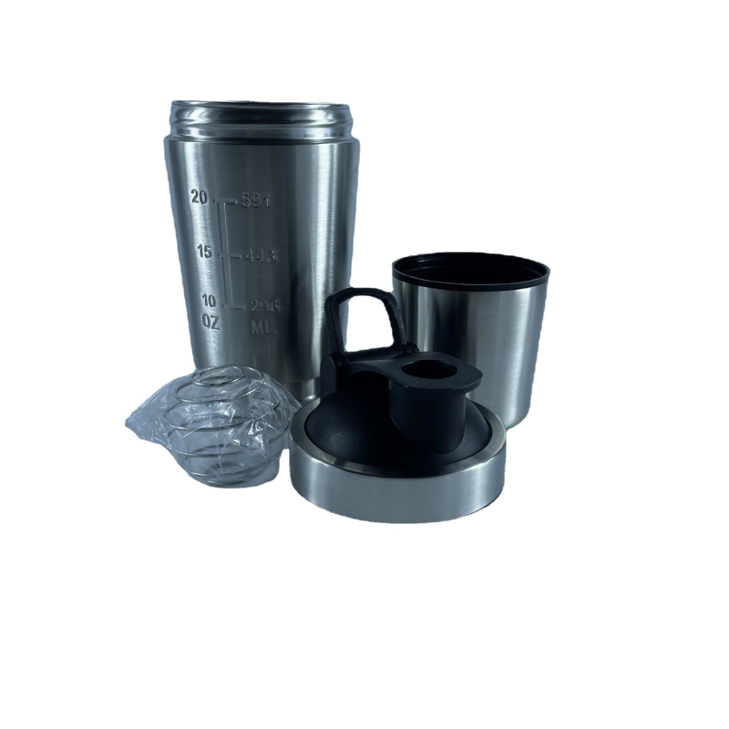 Νέος shaker από ανοξείδωτο ατσάλι 304 με δύο διαμερίσματα και κλίμακα μέτρησης, φορητό μπουκάλι πρωτεϊνικά shakes